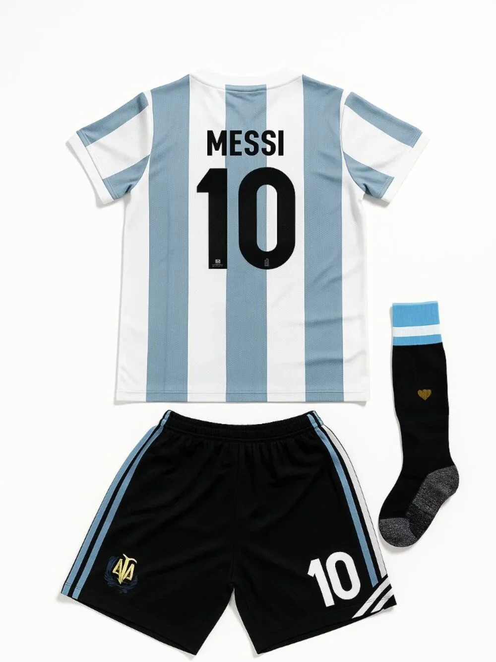 Argentina Team Youth Soccer Jersey Set, White and Light Blue Striped #10 Jersey,